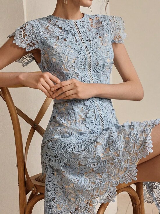 Dresses & Skirts - Baby Blue Elegant Women's Festival Lace Embroidery Round Neck Short Sleeve Dress